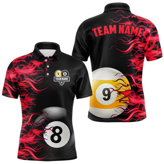 Maxcorners Red Flaming 8 Ball & 9 Ball Billiard Shirt For Men Custom Pool Team Jersey Polo & Quarter Zip LM2901