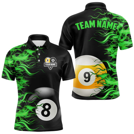 Maxcorners Green Flaming 8 Ball & 9 Ball Billiard Shirt For Men Custom Pool Team Jersey Polo & 1/4 Zip LM2901