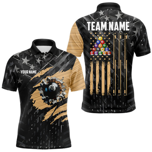 Maxcorners Black American Flag 8 Ball Billiard Shirt For Men Custom Billiard Team Jersey Polo & 1/4 Zip |Tan LM1705