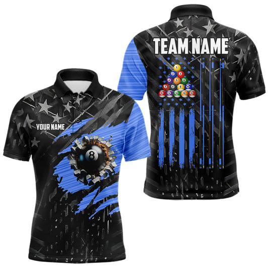 Maxcorners Black American Flag 8 Ball Billiard Shirt For Men Custom Billiard Team Jersey Polo & 1/4 Zip |Blue LM1705