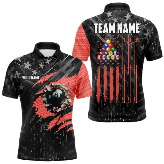 Maxcorners Black American Flag 8 Ball Billiard Shirt For Men Custom Billiard Team Jersey Polo & 1/4 Zip |Red LM1705