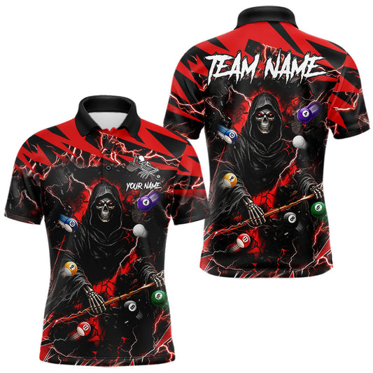 Maxcorners Red Grim Reaper Lightning Billiard Shirts For Men Custom 8 Ball Pool Team Jersey Polo & 1/4 Zip LM1406