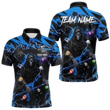Maxcorners Blue Grim Reaper Lightning Billiard Shirts For Men Custom 8 Ball Pool Team Jersey Polo & 1/4 Zip LM1406