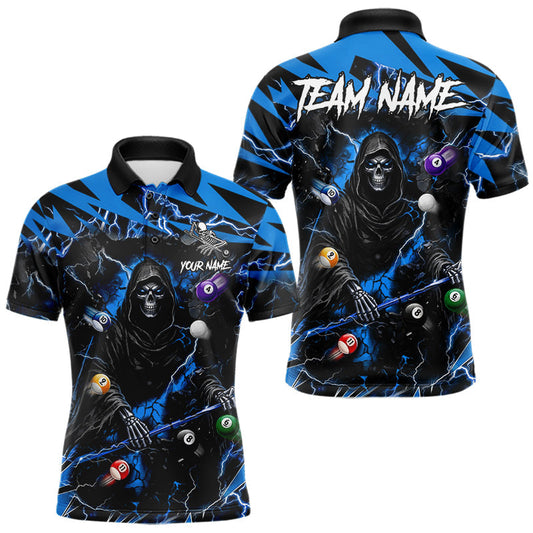 Maxcorners Blue Grim Reaper Lightning Billiard Shirts For Men Custom 8 Ball Pool Team Jersey Polo & 1/4 Zip LM1406