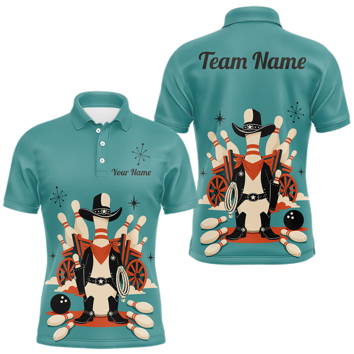Maxcorners Custom Retro Funny Cowboy Bowling Shirts For Men, Personalized Bowling Team Jersey Polo, 1/4 Zip