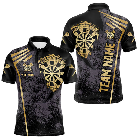 Maxcorners Personalized Grunge Dartboard Darts Polo, Quarter Zip Shirt For Men Custom Darts Team Jersey | Gold