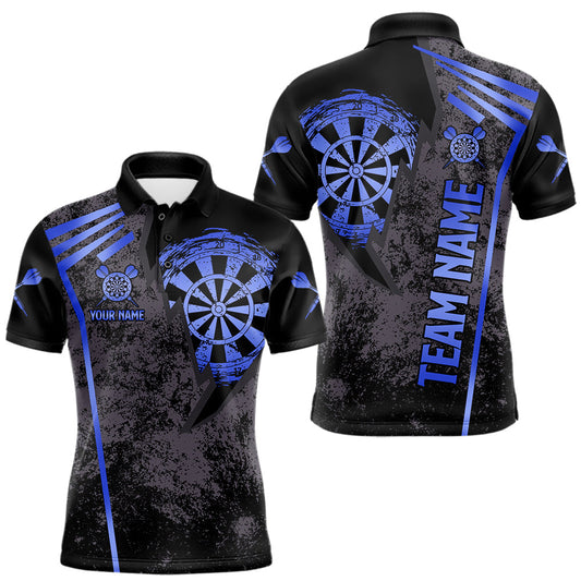 Maxcorners Personalized Grunge Dartboard Darts Polo, Quarter Zip Shirt For Men Custom Darts Team Jersey | Blue