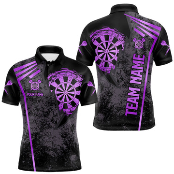 Maxcorners Personalized Grunge Dartboard Darts Polo & 1/4 Zip Shirt For Men Custom Darts Team Jersey | Purple