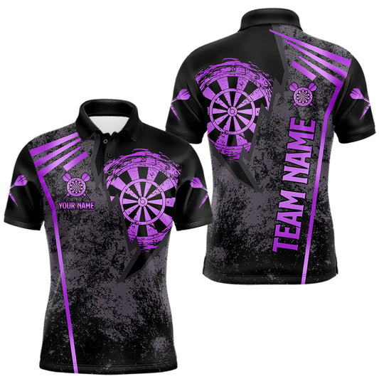 Maxcorners Personalized Grunge Dartboard Darts Polo & 1/4 Zip Shirt For Men Custom Darts Team Jersey | Purple