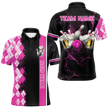 Maxcorners Pink And Black Argyle Pattern Bowling Beer Custom Bowling Shirts For Men Bowling Team League Jersey