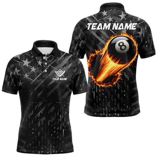 Maxcorners Black US Flag 8 Ball Fire Billiard Shirt For Men Custom Billiard Team Jersey Polo & 1/4 Zip