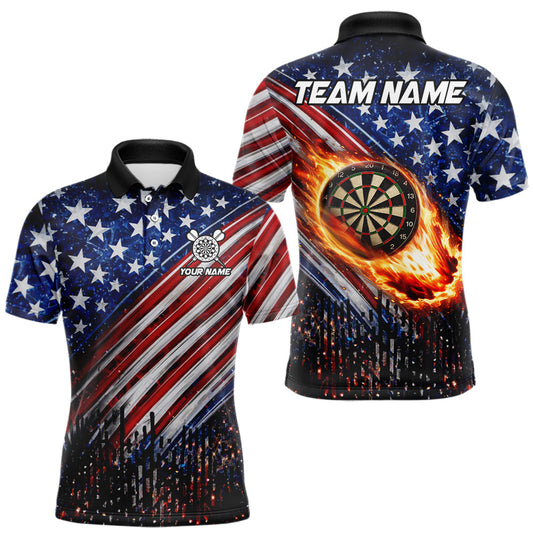 Maxcorners American Flag Fire Flame Darts Shirt For Men Custom Patriotic Darts Jersey Team Polo & 1/4 Zip