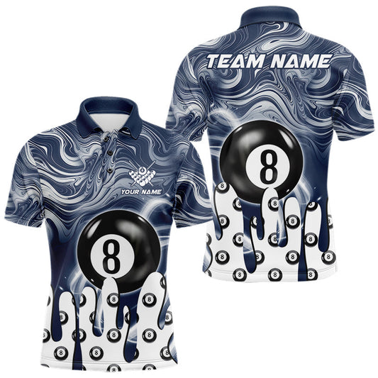 Maxcorners Personalized Marble Swirl 8 Ball Billiard Pool Shirts For Men, Billiard Jersey Polo, 1/4 Zip |Blue