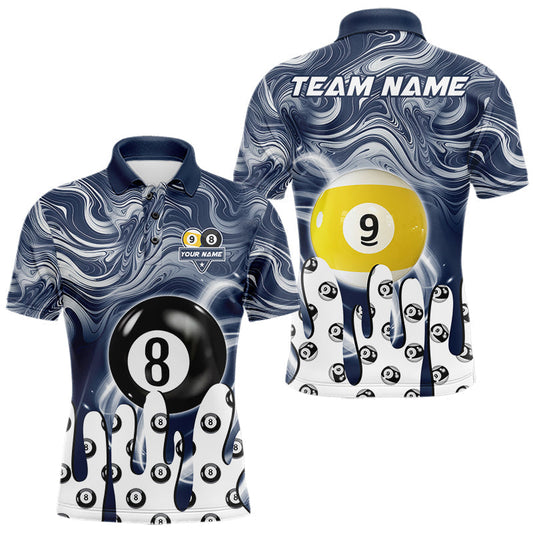 Maxcorners Personalized Marble Swirl 8 Ball & 9 Ball Pool Shirts For Men, Billiard Jersey Polo, 1/4 Zip |Blue