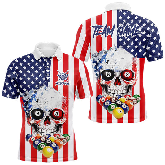 Maxcorners American Flag Grunge Skull Billiard Shirt For Men Custom Patriotic Pool Team Jersey Polo & 1/4 Zip