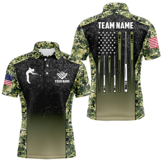 Maxcorners Custom Green Camo US Flag 8 Ball Pool Shirt For Men, Billiard Team Jersey Polo & 1/4 Zip