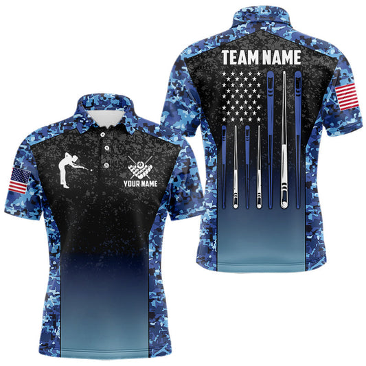 Maxcorners Custom Blue Camo US Flag 8 Ball Pool Shirt For Men, Billiard Team Jersey Polo & 1/4 Zip