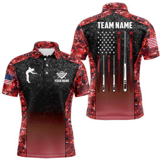 Maxcorners Custom Red Camo US Flag 8 Ball Pool Shirt For Men, Billiard Team Jersey Polo & 1/4 Zip
