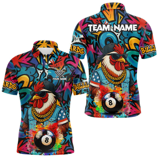 Maxcorners Funny Rooster Colorful Graffiti 8 Ball Billiard Shirt For Men Custom Pool Jersey Polo & 1/4 Zip