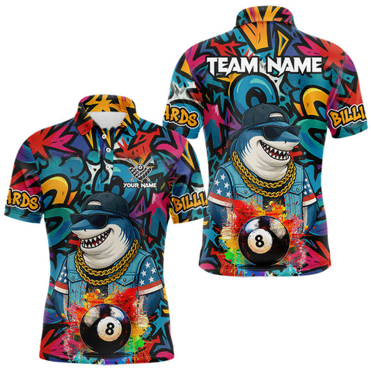 Maxcorners Funny Shark Colorful Graffiti 8 Ball Billiard Shirt For Men Custom Pool Jersey Polo & 1/4 Zip