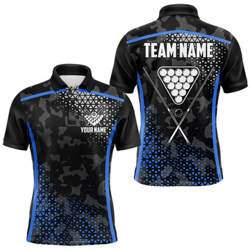 Maxcorners Black And Blue 8 Ball Pool Billiard Shirt For Men Custom Camo Billiard Team Jersey Polo & 1/4 Zip LM1705