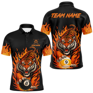 Maxcorners Black And Orange Flame Tiger Billiard Shirts For Men Custom 8 Ball & 9 Ball Pool Team Jersey