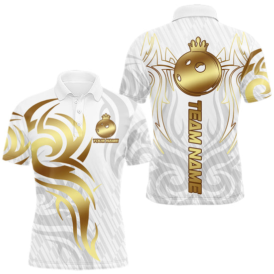 Maxcorners Custom White And Gold Bowling Ball Crown Bowling Shirt For Men, Bowling League Team Jersey