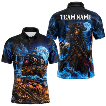 Maxcorners Custom Blue 8 Ball & 9 Ball Pirate Billiard Shirts For Men, Billiard Team Jersey Polo & 1/4 Zip LM1910