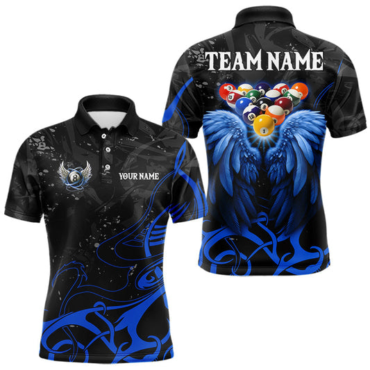 Maxcorners Black And Blue 8 Ball Wings Billiard Shirt For Men Custom Tribal Pool Jersey Team Polo & 1/4 Zip