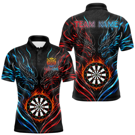 Maxcorners Blue And Red Custom Dragon Fire Darts Shirts For Men, Darts League Team Jersey Polo & Quarter Zip