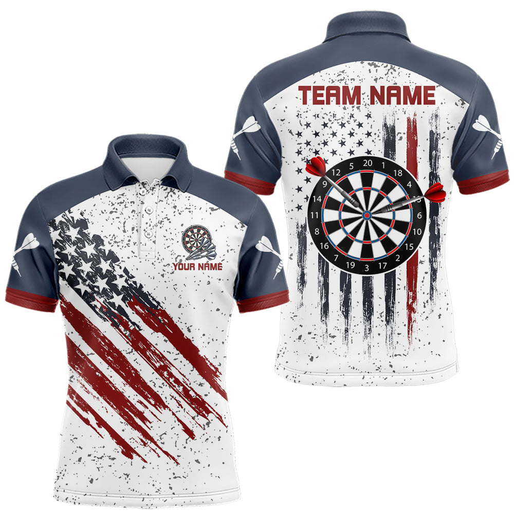 Maxcorners White Grunge American Flag Darts Shirts For Men Custom Patriotic Darts Team Jersey Polo & 1/4 Zip