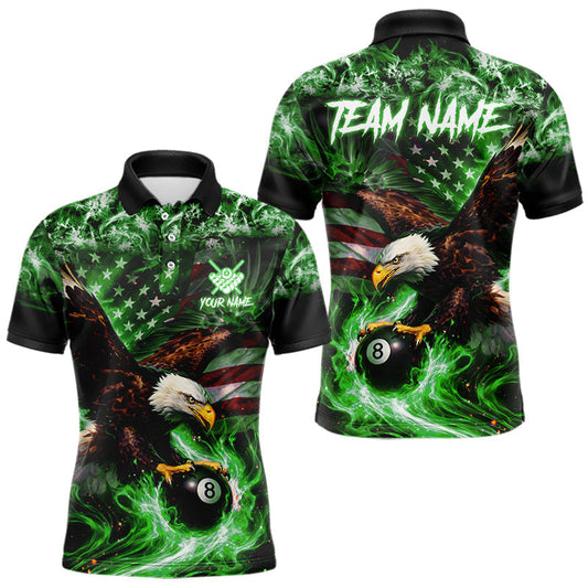 Maxcorners Green Flaming Eagle 8 Ball Billiard Shirt For Men Custom US Flag Pool Team Jersey Polo & 1/4 Zip LM1903