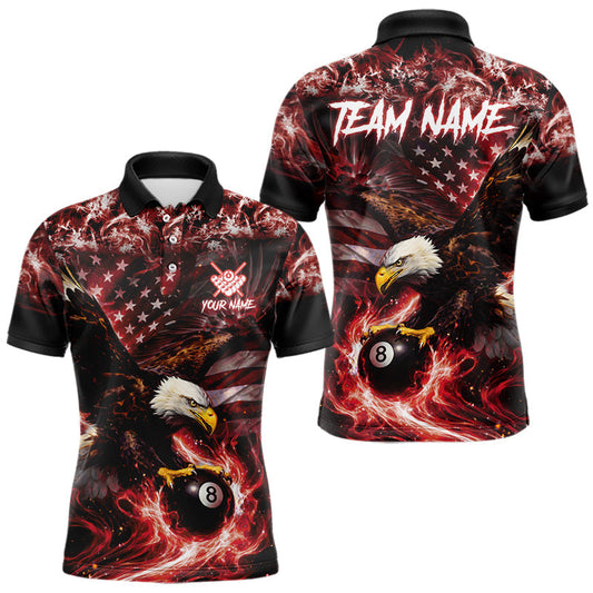 Maxcorners Red Flaming Eagle 8 Ball Billiard Shirt For Men Custom US Flag Pool Team Jersey Polo & 1/4 Zip LM1903