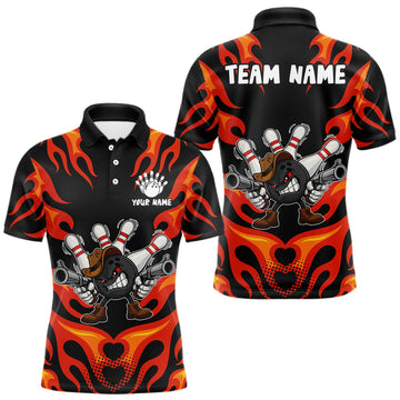 Maxcorners Personalized Orange Funny Flame Bowling Shirt For Men, Fire Bowling Team Jersey Polo & 1/4 Zip LM1903