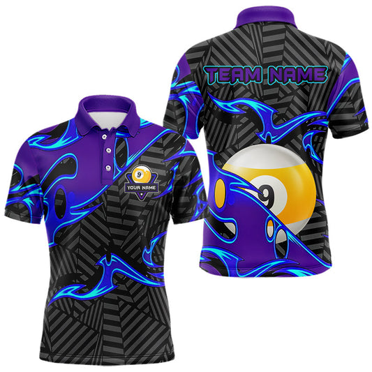 Maxcorners Personalized Blue Purple 9 Ball Pool Billiards Shirts For Men, Billiard Team Jersey Polo &1/4 Zip LM2704