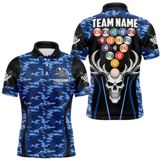 Maxcorners Personalized Blue Camo Skull Billiard Shirt For Men, 8 Ball Billiard Team Jersey Polo & 1/4 Zip LM2704