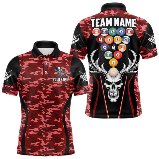 Maxcorners Personalized Red Camo Skull Billiard Shirt For Men, 8 Ball Billiard Team Jersey Polo & 1/4 Zip LM2704