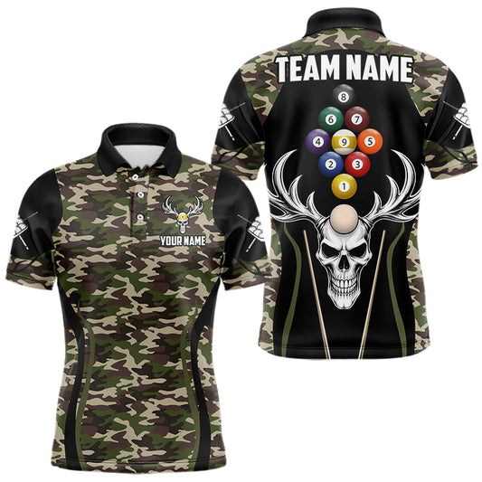 Maxcorners Personalized Green Camo Skull Billiard Shirt For Men, 9 Ball Billiard Team Jersey Polo & 1/4 Zip LM2704