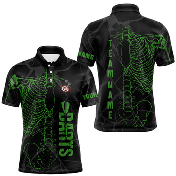 Maxcorners Black And Green Funny Skeleton Darts Polo & 1/4 Zip Custom Darts Shirt For Men Darts Team Jersey TU2001
