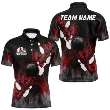 Maxcorners Black And Red Custom Butterfly Bowling Shirt For Men, Bowling Team Jersey Polo & Quarter Zip Shirt
