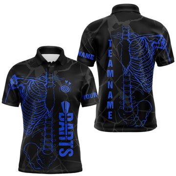 Maxcorners Black And Blue Funny Skeleton Darts Polo & 1/4 Zip Custom Darts Shirt For Men Darts Team Jersey