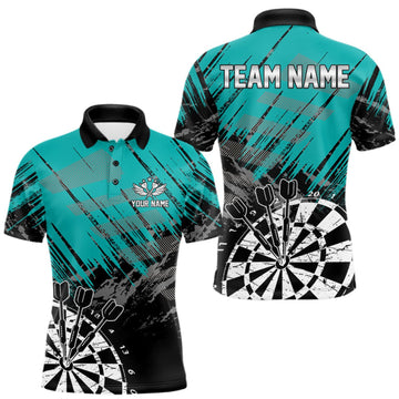 Maxcorners Teal Black Grunge Darts Shirt For Men Custom Dart Jersey With Pocket Option LM2709