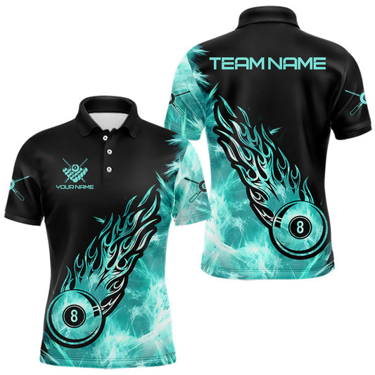Maxcorners Black And Turquoise Flaming Icy 8 Ball Pool Billiard Shirt For Men Custom Billiard Team Jersey LM2201