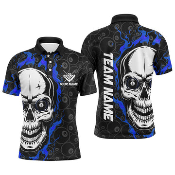 Maxcorners Personalized Blue Flame Skull Billiard Polo Shirts For Men Custom Team Name Billiard Jerseys Lm105