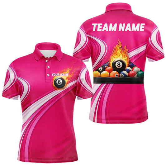 Maxcorners Personalized Pink Billiard Jersey For Men Custom Flame 8 Ball Pool Billiard Shirt Polo & 1/4 Zip LM2901