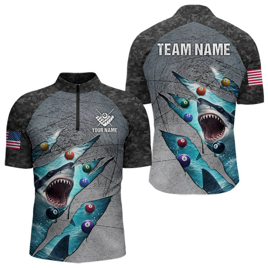 Maxcorners Personalized Funny Shark Billiard Shirt For Men, 8 Ball Pool Team Jersey Polo & 1/4 Zip Shirt LM2603