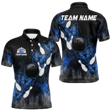Maxcorners Black And Blue Custom Butterfly Bowling Shirt For Men, Smoke Bowling Team Jersey Polo & 1/4 Zip LM2704