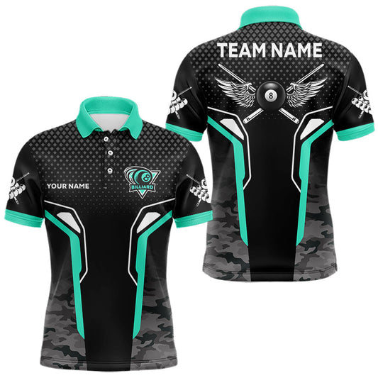 Maxcorners Black & Turquoise 8 Ball Pool Wings Custom Camo Billiard Shirt For Men, Billiard Team Jersey MT2407