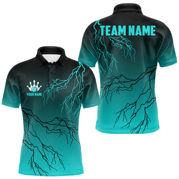 Maxcorners Black And Teal Gradient Lightning Thunder Bowling Shirts For Men Custom Bowling Team Jersey