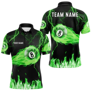 Maxcorners Personalized Green Flame Lightning 8 Ball Billiard Shirts For Men Custom Pool Team Jersey LM2709
